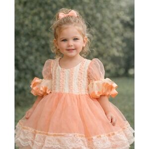 Dansco Kids Peach Cream Lace Sequin Tutu Ballerina Leotard Dress Vintage SC